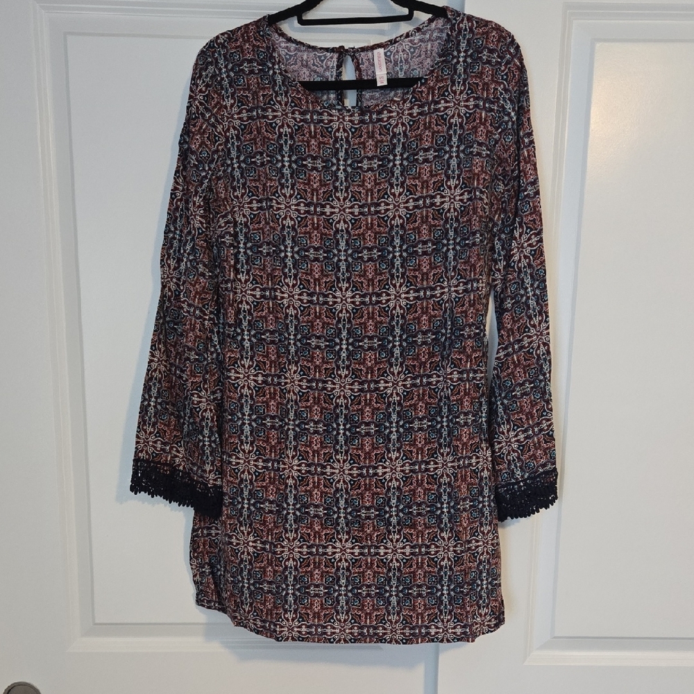 Multicolor Print Mini Dress - Navy & Red & Teal